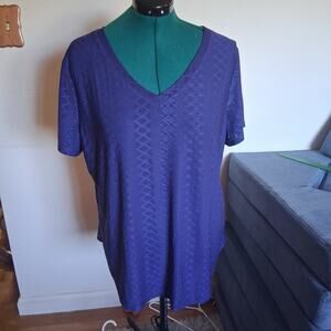 OFEEFAN XXL Blue Geometric Eyelet V Neck Short Sleeve Tunic Top